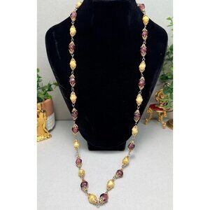 Stunning Amethyst Glass & Baroque Imitation Pearl Necklace Gold Tone 31”